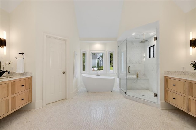 510 Northland Ridge Ct, Sandy Springs, GA 30342 - full bath featuring a stall shower, vanity, a freestanding bath, and a high ceiling