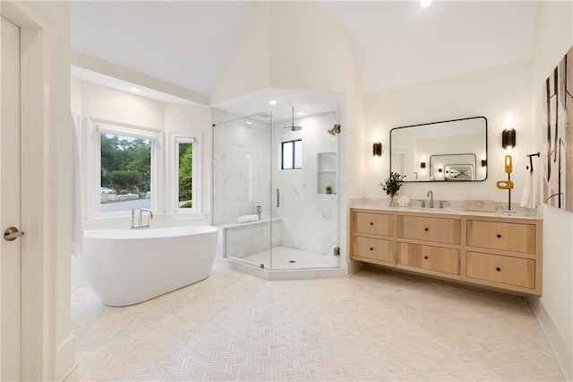 510 Northland Ridge Ct, Sandy Springs, GA 30342 - full bath featuring a marble finish shower, vanity, a freestanding bath, high vaulted ceiling, and recessed lighting