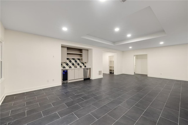 510 Northland Ridge Ct, Sandy Springs, GA 30342 - unfurnished living room with wine cooler, recessed lighting, a raised ceiling, a dry bar, and ornamental molding