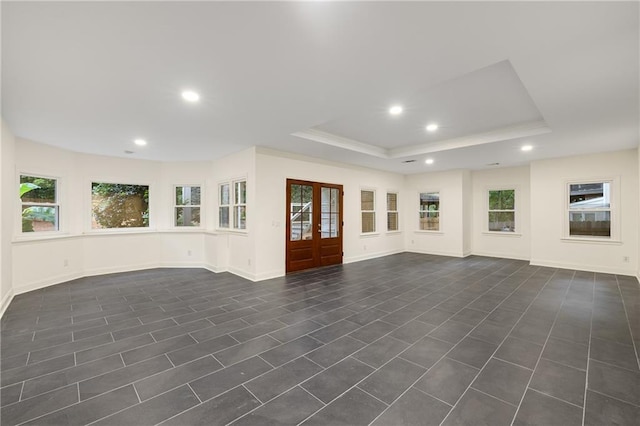 510 Northland Ridge Ct, Sandy Springs, GA 30342 - unfurnished living room with recessed lighting, a raised ceiling, crown molding, and dark tile patterned floors