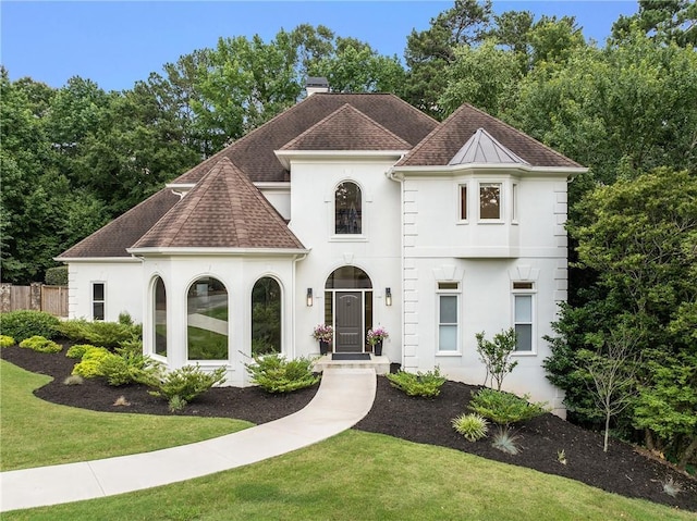 510 Northland Ridge Ct, Sandy Springs, GA 30342 - french country home featuring stucco siding, roof with shingles, and a chimney