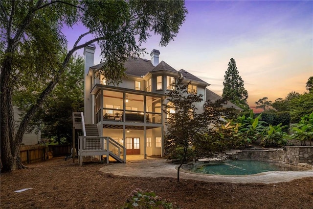 510 Northland Ridge Ct, Sandy Springs, GA 30342 - rear view of house with stairway, a sunroom, a chimney, and a patio