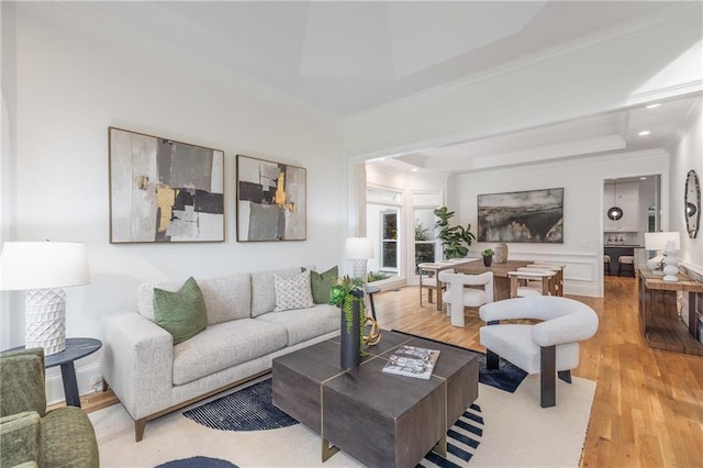 510 Northland Ridge Ct, Sandy Springs, GA 30342 - living area featuring crown molding, light wood-type flooring, a raised ceiling, and recessed lighting