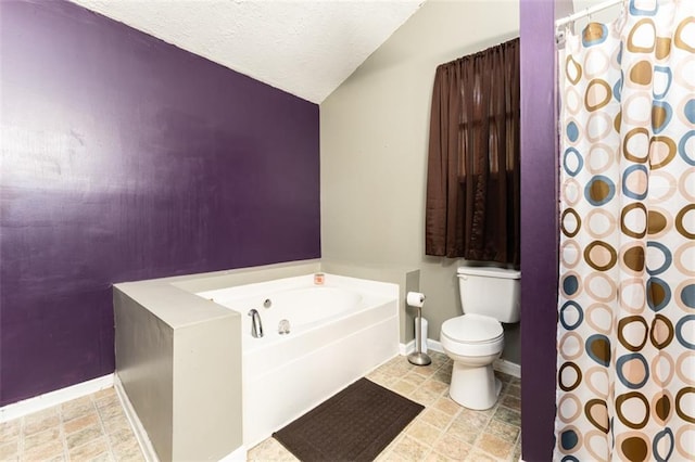 full bath featuring a bath, lofted ceiling, a textured ceiling, curtained shower, and toilet