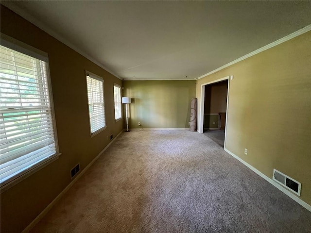 unfurnished room featuring ornamental molding and carpet