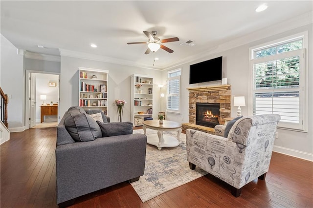 4650 Brighton View Trl, Cumming, GA 30040 - living room with a stone fireplace, baseboards, and dark wood-style floors