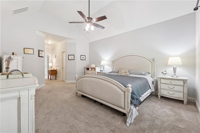 4650 Brighton View Trl, Cumming, GA 30040 - carpeted bedroom with high vaulted ceiling, ceiling fan, baseboards, and visible vents