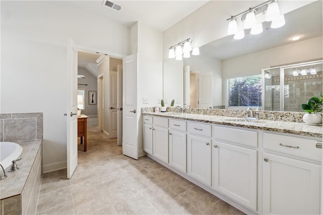 4650 Brighton View Trl, Cumming, GA 30040 - bathroom featuring a garden tub, visible vents, a sink, a stall shower, and double vanity