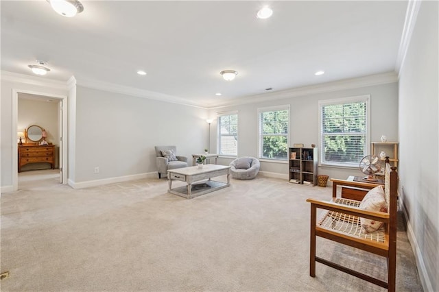 4650 Brighton View Trl, Cumming, GA 30040 - living area featuring light colored carpet, baseboards, and ornamental molding