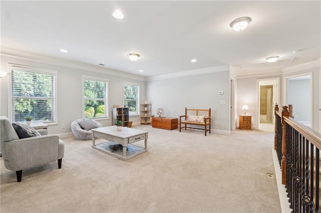 4650 Brighton View Trl, Cumming, GA 30040 - living area featuring baseboards, recessed lighting, light colored carpet, and crown molding