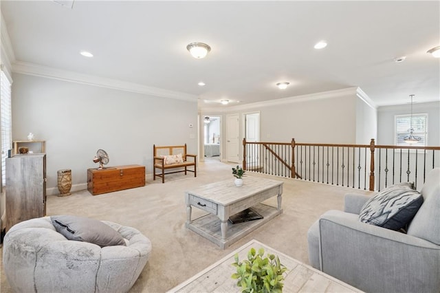 4650 Brighton View Trl, Cumming, GA 30040 - carpeted living area featuring recessed lighting, baseboards, ornamental molding, and a ceiling fan
