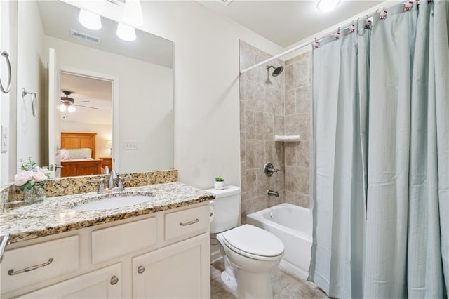4650 Brighton View Trl, Cumming, GA 30040 - full bath with vanity, toilet, shower / bathtub combination with curtain, visible vents, and ceiling fan