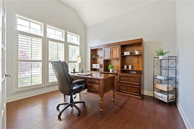 4650 Brighton View Trl, Cumming, GA 30040 - office space featuring high vaulted ceiling, dark wood-style flooring, and baseboards