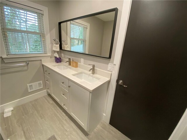 bathroom featuring double vanity, baseboards, visible vents, and a sink