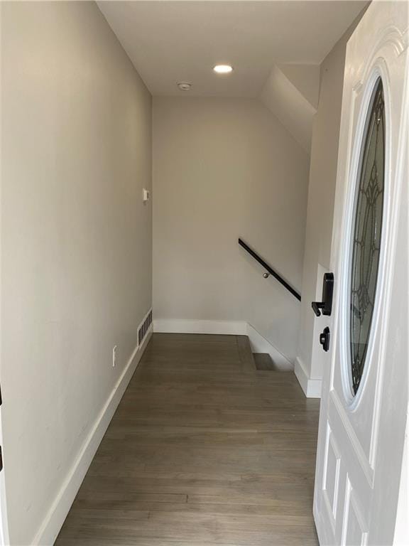 interior space with visible vents, recessed lighting, baseboards, and wood finished floors