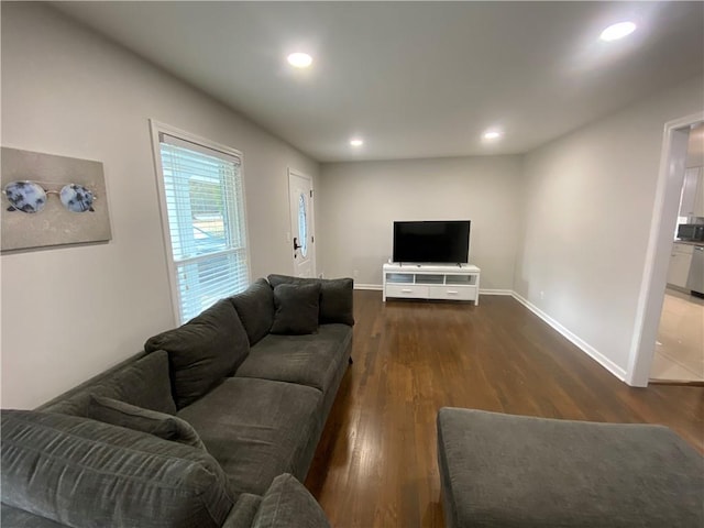 living room with recessed lighting, baseboards, and wood finished floors