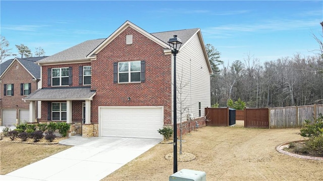 traditional home with brick siding, roof with shingles, an attached garage, fence, and driveway