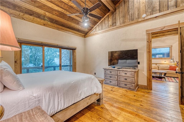 bedroom with access to outside, wood ceiling, lofted ceiling with beams, ceiling fan, and light wood-type flooring