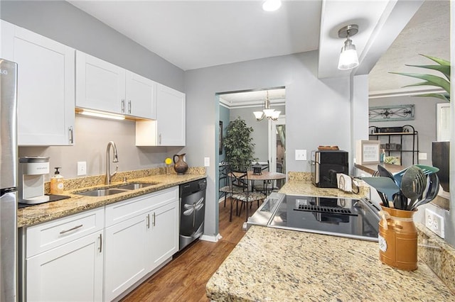 82 Twiggs Cor, Peachtree City, GA 30269 - kitchen featuring a sink, black dishwasher, range, white cabinetry, and wood finished floors