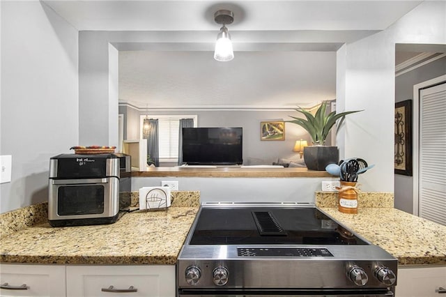 82 Twiggs Cor, Peachtree City, GA 30269 - kitchen with white cabinetry, range with electric stovetop, light stone counters, and open floor plan