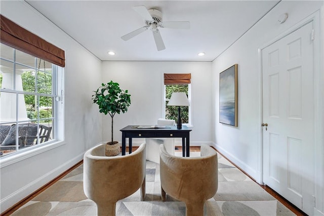 home office featuring baseboards, recessed lighting, and ceiling fan