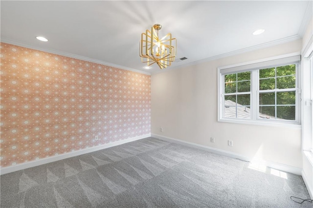 1349 Middlesex Ave NE, Atlanta, GA 30306 - unfurnished room with a chandelier, wallpapered walls, crown molding, carpet flooring, and baseboards