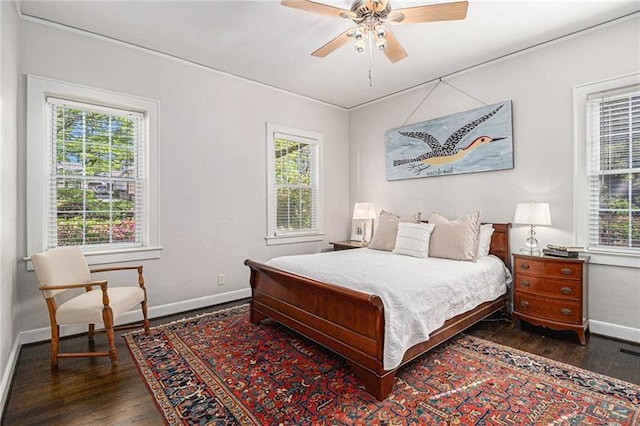 bedroom featuring multiple windows, wood finished floors, a ceiling fan, and baseboards