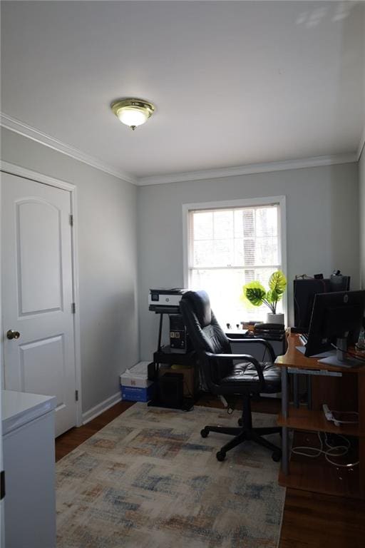 office with crown molding, wood finished floors, and baseboards