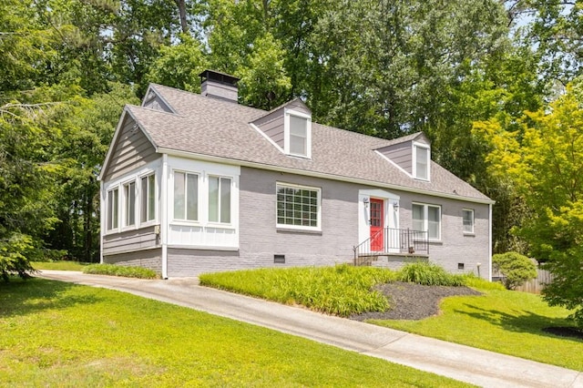 6596 Wright Rd NE, Atlanta, GA 30328 - new england style home featuring crawl space, a front yard, a shingled roof, and a chimney