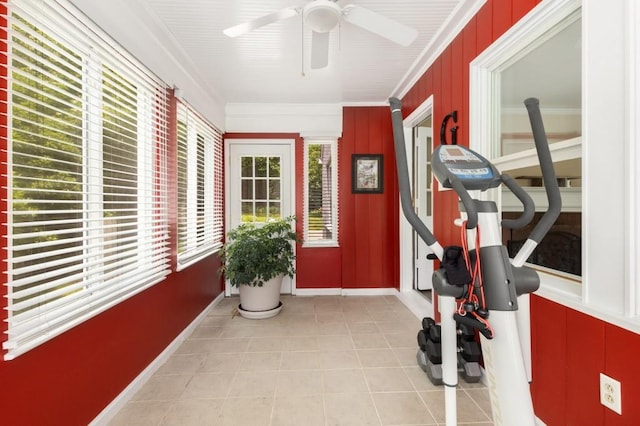 6596 Wright Rd NE, Atlanta, GA 30328 - exercise room with baseboards, light tile patterned flooring, and a ceiling fan
