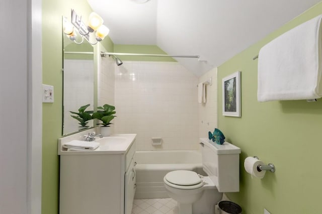 6596 Wright Rd NE, Atlanta, GA 30328 - bathroom featuring vanity, toilet, tile patterned floors, vaulted ceiling, and tub / shower combination