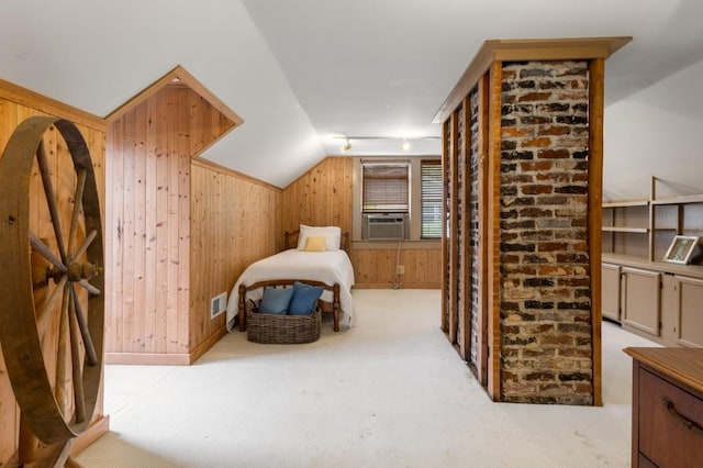 6596 Wright Rd NE, Atlanta, GA 30328 - carpeted bedroom with wood walls, vaulted ceiling, and cooling unit