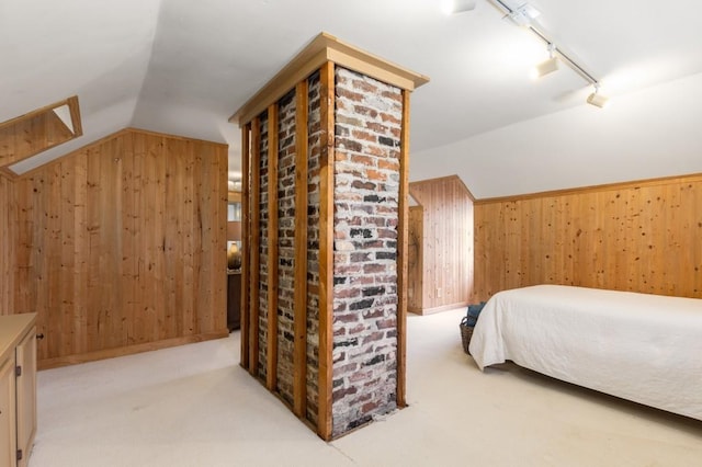 6596 Wright Rd NE, Atlanta, GA 30328 - bedroom featuring lofted ceiling, wood walls, light colored carpet, and track lighting