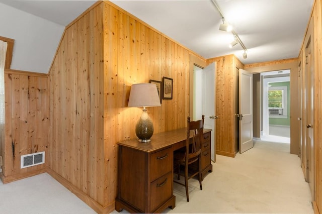 6596 Wright Rd NE, Atlanta, GA 30328 - office space featuring wood walls, light colored carpet, rail lighting, and cooling unit
