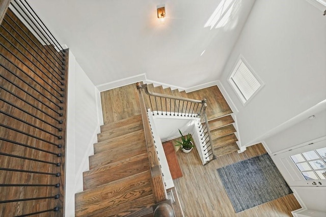 staircase featuring a high ceiling and wood finished floors