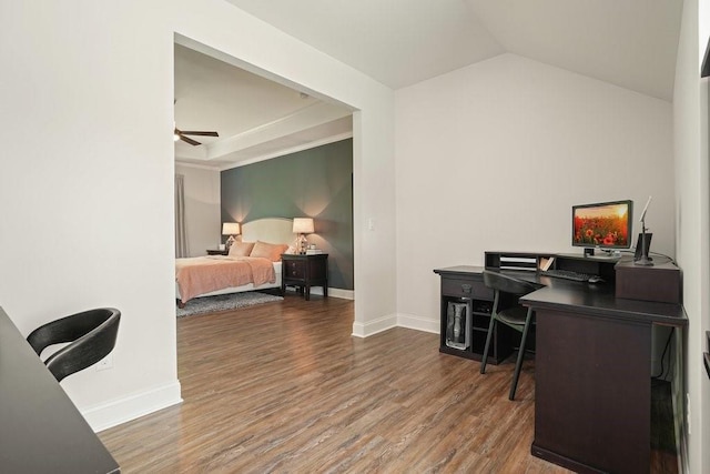 office area with baseboards, a ceiling fan, and wood finished floors