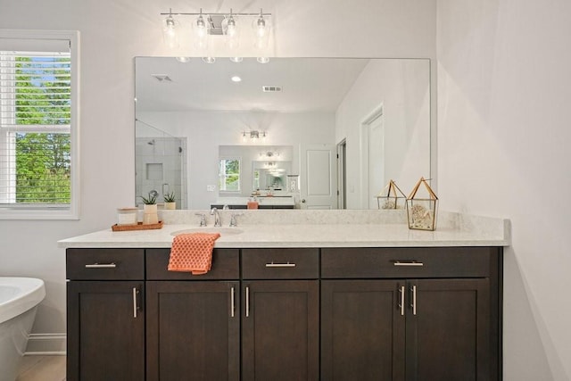 bathroom featuring vanity, a wealth of natural light, and a stall shower