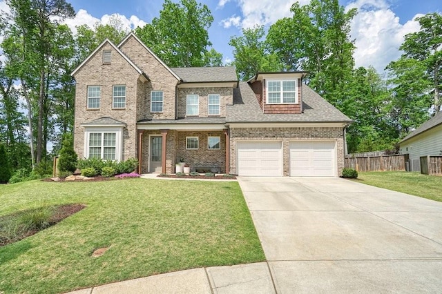 view of front facade featuring brick siding, a front lawn, fence, and driveway