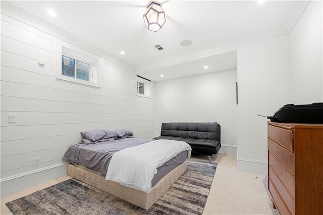 61 Alden Ave NW, Atlanta, GA 30309 - bedroom with recessed lighting, carpet floors, baseboards, ornamental molding, and wood walls