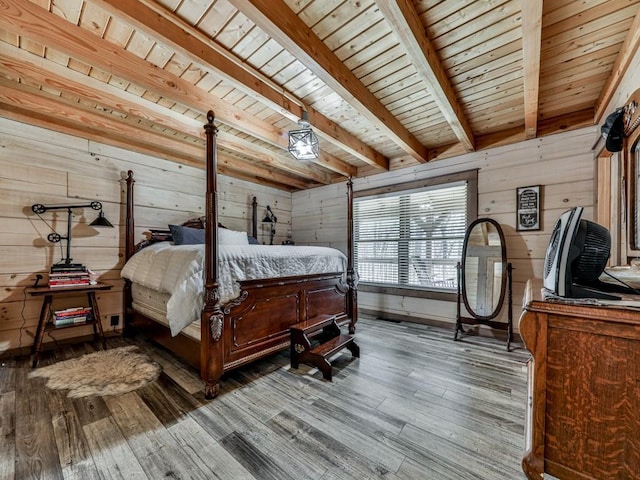 bedroom with dark hardwood / wood-style flooring, wood ceiling, beam ceiling, and wooden walls