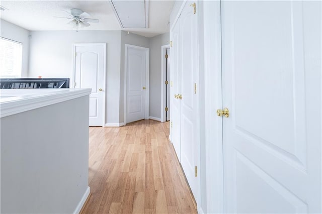 hallway with baseboards, attic access, and light wood-type flooring
