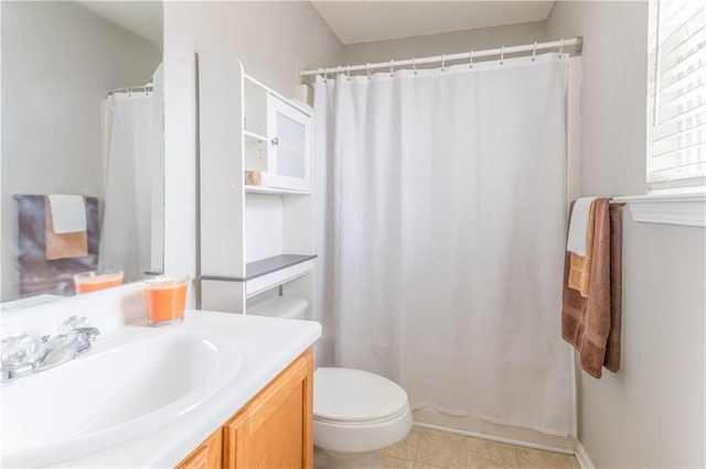 full bath with toilet, tile patterned floors, a shower with shower curtain, and vanity