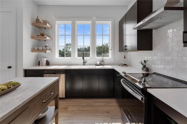 kitchen featuring sink, stainless steel appliances, wall chimney range hood, light hardwood / wood-style floors, and decorative backsplash