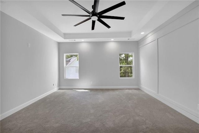 carpeted spare room with a raised ceiling, a wealth of natural light, and ceiling fan