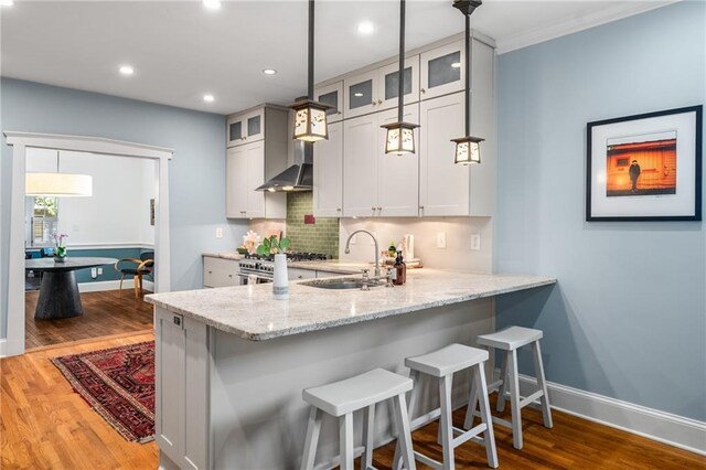 kitchen with light stone countertops, a sink, baseboards, wood finished floors, and tasteful backsplash