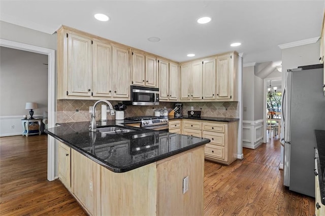 4381 Laurian Dr NW, Kennesaw, GA 30144 - kitchen featuring appliances with stainless steel finishes, a sink, crown molding, dark wood-style floors, and a peninsula