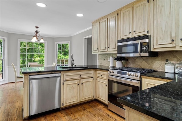 4381 Laurian Dr NW, Kennesaw, GA 30144 - kitchen featuring stainless steel appliances, a sink, a peninsula, wood finished floors, and ornamental molding