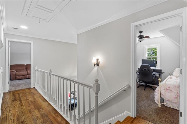 4381 Laurian Dr NW, Kennesaw, GA 30144 - hall featuring attic access, an upstairs landing, crown molding, wood finished floors, and an office area