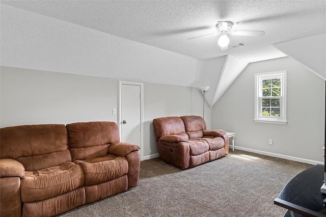 4381 Laurian Dr NW, Kennesaw, GA 30144 - carpeted living room with a textured ceiling, a ceiling fan, vaulted ceiling, and baseboards