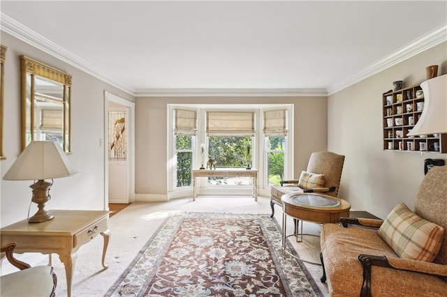 living area featuring crown molding, light carpet, and baseboards